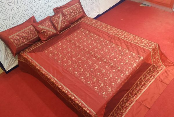 Red Maroon Silk Bed Cover With Full Kashmir Embroidered