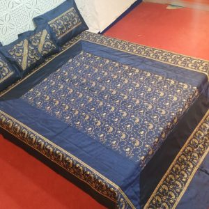 Dark Blue Silk Bed Cover With Full Kashmir Embroidered