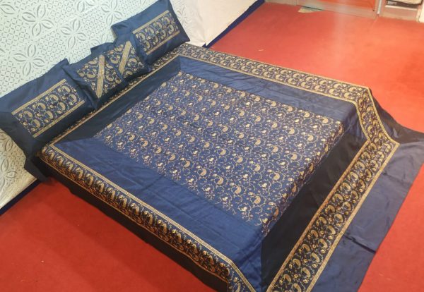 Dark Blue Silk Bed Cover With Full Kashmir Embroidered