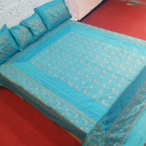 Turquoise Blue Silk Bed Cover With Full Kashmir Embroidered