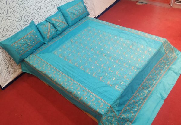 Turquoise Blue Silk Bed Cover With Full Kashmir Embroidered