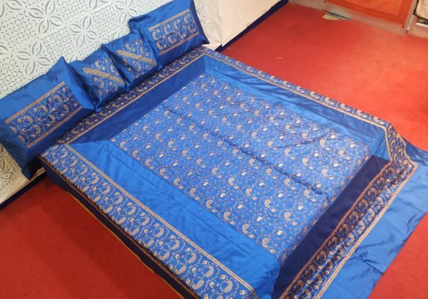 Light Blue Silk Bed Cover With Full Kashmir Embroidered