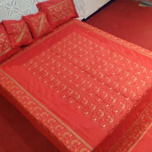 Blood Red Silk Bed Cover With Full Kashmir Embroidered
