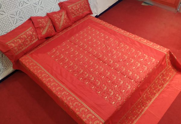 Blood Red Silk Bed Cover With Full Kashmir Embroidered