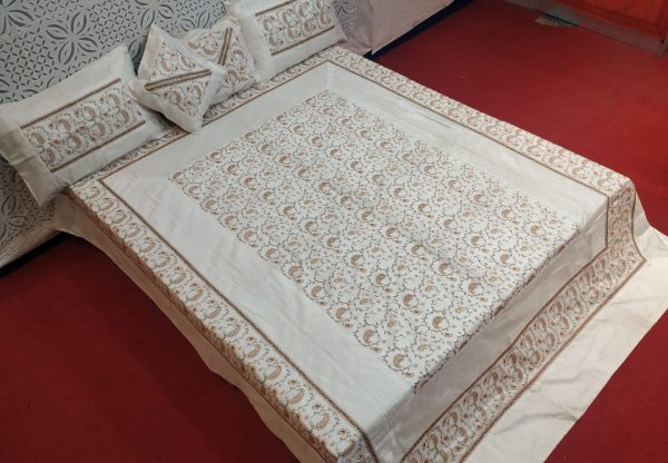 Off White Silk Bed Cover With Full Kashmir Embroidered