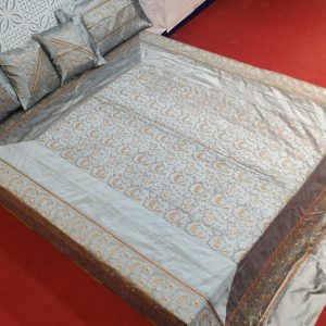 Silver Gray Silk Bed Cover With Full Kashmir Embroidered