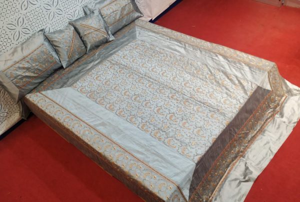 Silver Gray Silk Bed Cover With Full Kashmir Embroidered