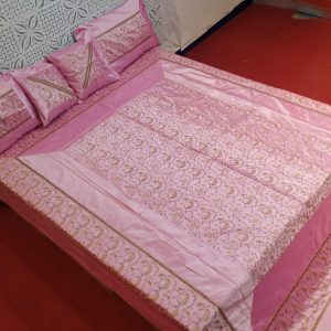 Light Pink Silk Bed Cover With Full Kashmir Embroidered