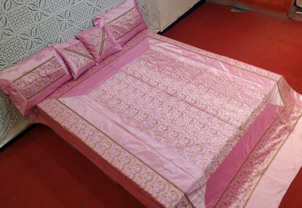 Light Pink Silk Bed Cover With Full Kashmir Embroidered