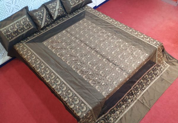 Chocolate Brown Silk Bed Cover With Full Kashmir Embroidered