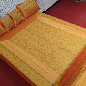 Golden Yellow Silk Bed Cover With Full Kashmir Embroidered