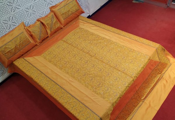 Golden Yellow Silk Bed Cover With Full Kashmir Embroidered