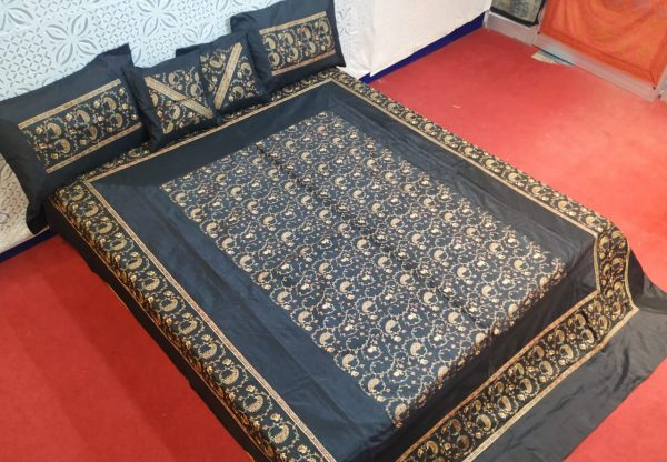 Black Silk Bed Cover With Full Kashmir Embroidered