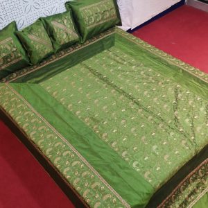 Green Silk Bed Cover With Full Kashmir Embroidered