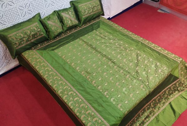 Green Silk Bed Cover With Full Kashmir Embroidered