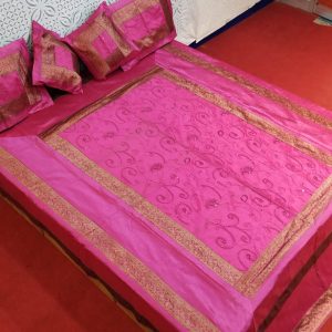 Rani Pink Silk Bed Cover With Beads Work