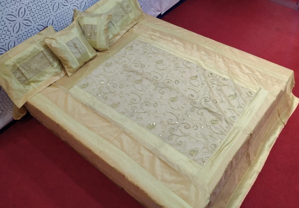 Beige Silk Bed Cover With Beads Work