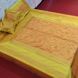 Golden Yellow Silk Bed Cover With Beads Work