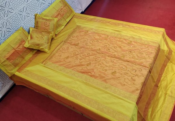 Golden Yellow Silk Bed Cover With Beads Work