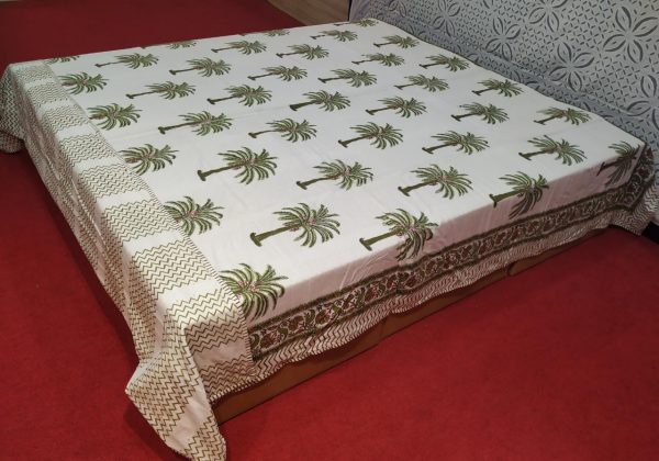Block Printed Green Palm Tree White Base Comforter