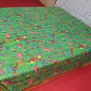 Green & Pink Floral Double Layer Screen Printed Bed Cover