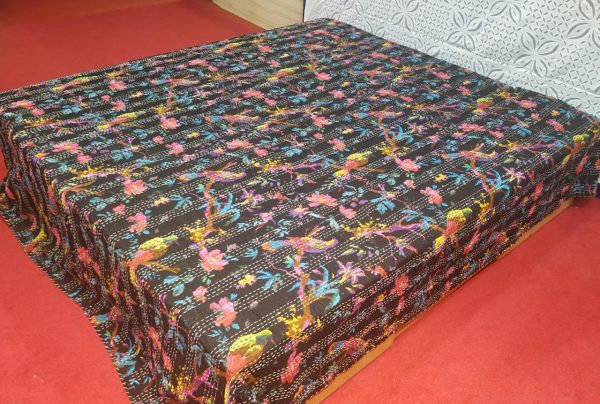 Black & Pink Floral Double Layer Screen Printed Bed Cover