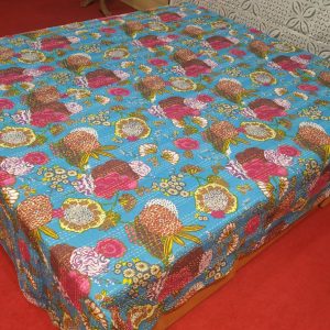 Sky Blue &Pink Floral Double Layer Screen Printed Bed Cover