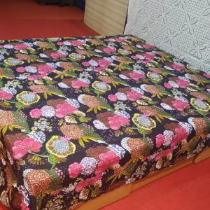 Dark Purple & Pink Floral Double Layer Screen Printed Bed Cover