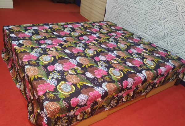 Dark Purple & Pink Floral Double Layer Screen Printed Bed Cover
