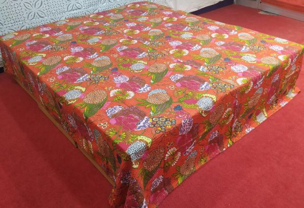 Orange & Pink Floral Double Layer Screen Printed Bed Cover