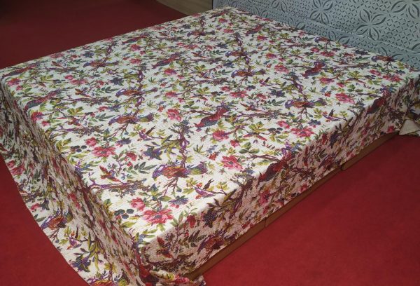 White & Pink Floral Double Layer Screen Printed Bed Cover