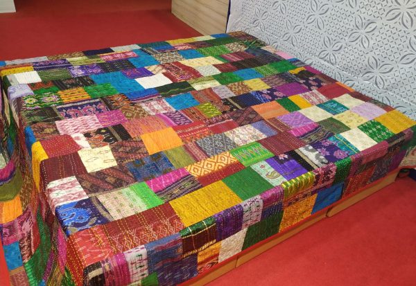 Synthetic Small Patola Hand Stitched Multi Color Double Layer Bed Cover